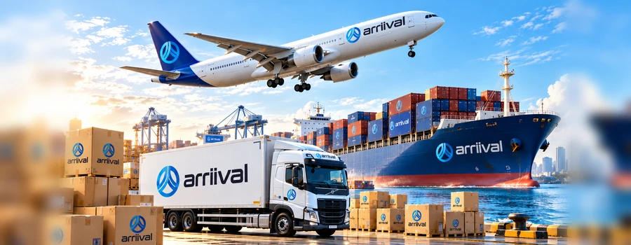 ARRIIVAL cargo plane, delivery truck and container ship at a port