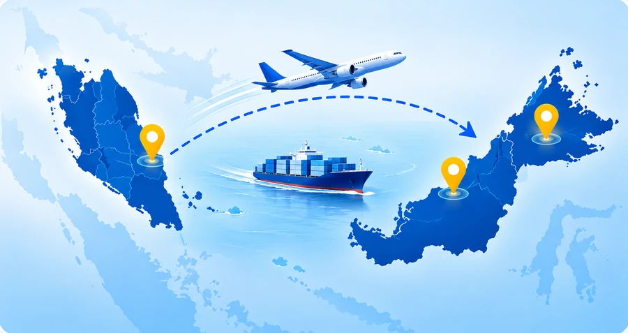 Map from Peninsular Malaysia to Sabah and Sarawak with cargo plane, container ship and delivery pins