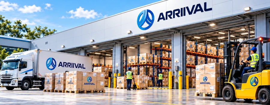 ARRIIVAL warehouse with delivery truck, stacked parcels and forklift