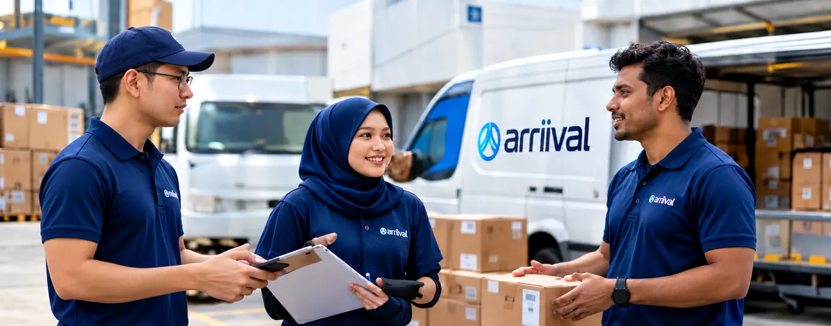 ARRIIVAL staff in navy polos talking in front of the company van