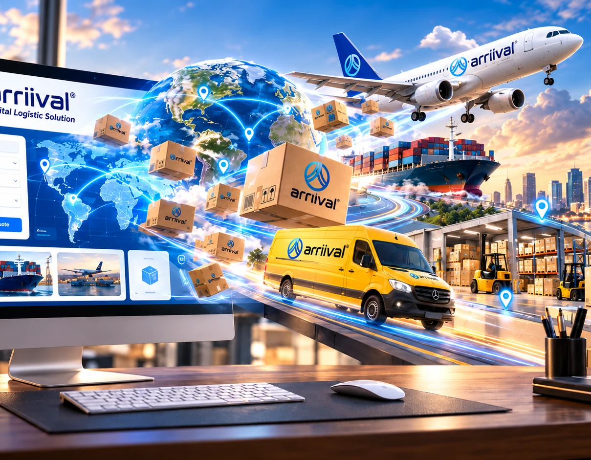 ARRIIVAL website on a desk computer, with delivery van, plane and warehouse