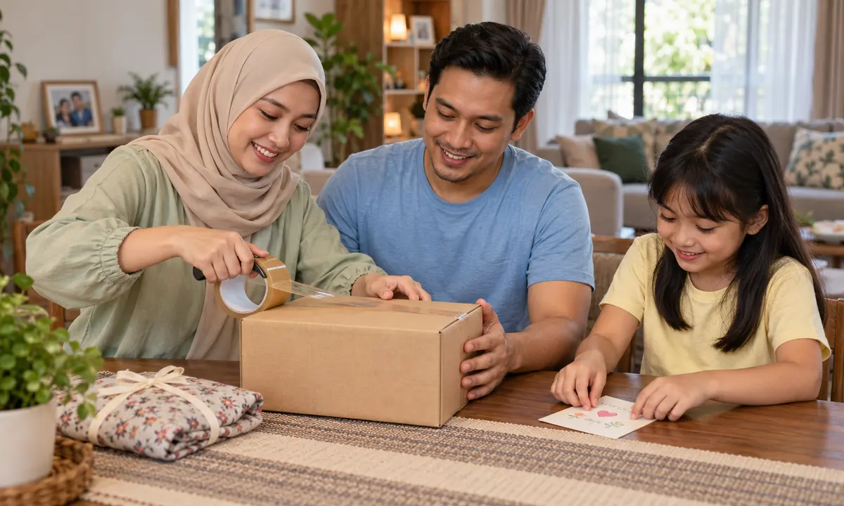 A family at home sealing a parcel together