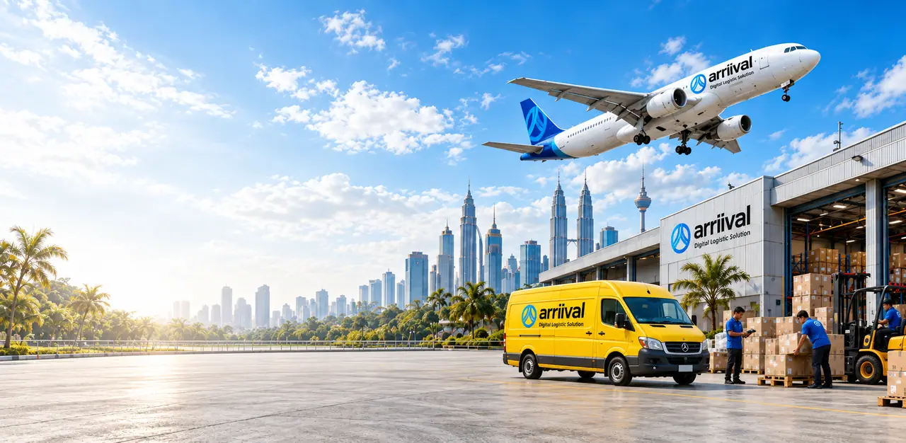 ARRIIVAL cargo aircraft, yellow delivery van and warehouse in front of the Kuala Lumpur skyline