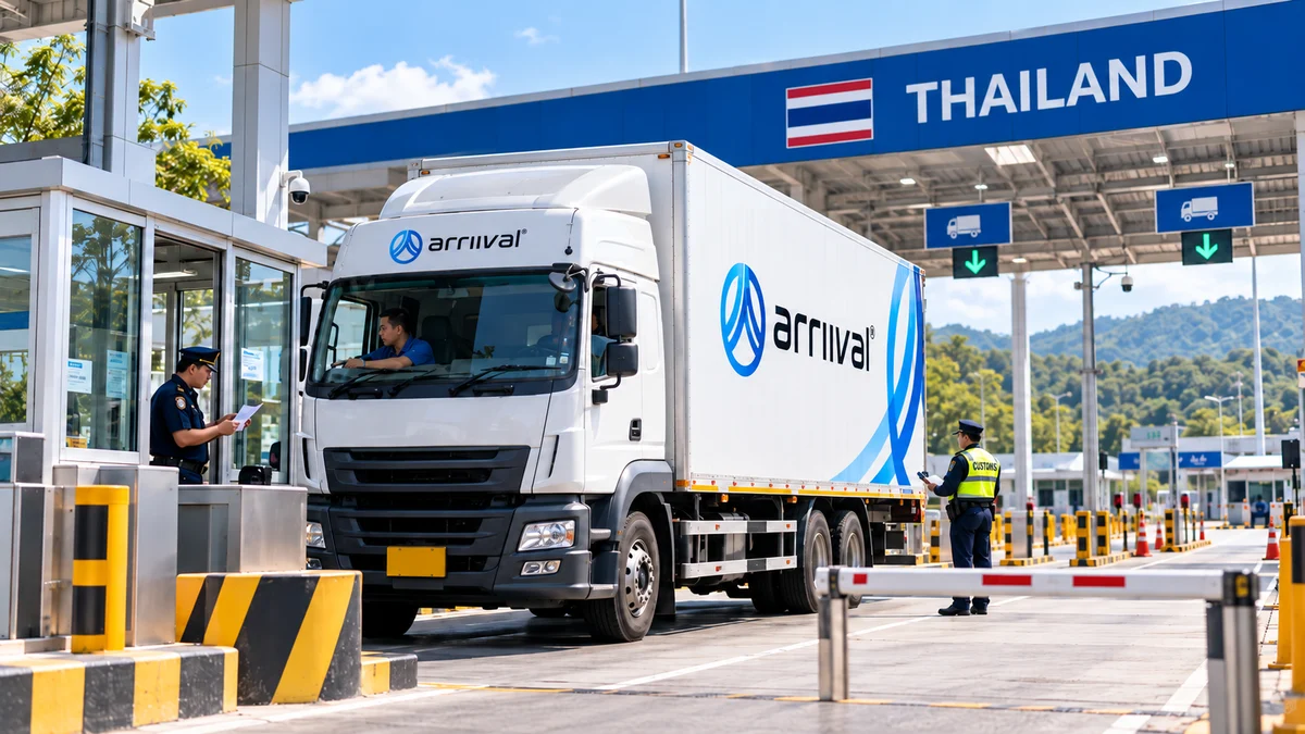 ARRIIVAL truck at the Thailand border checkpoint with customs officers