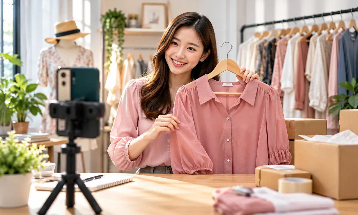 Online seller filming a pink blouse for a live sale, with parcels on the desk