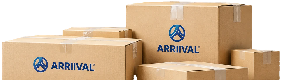 Stack of ARRIIVAL-branded parcel boxes