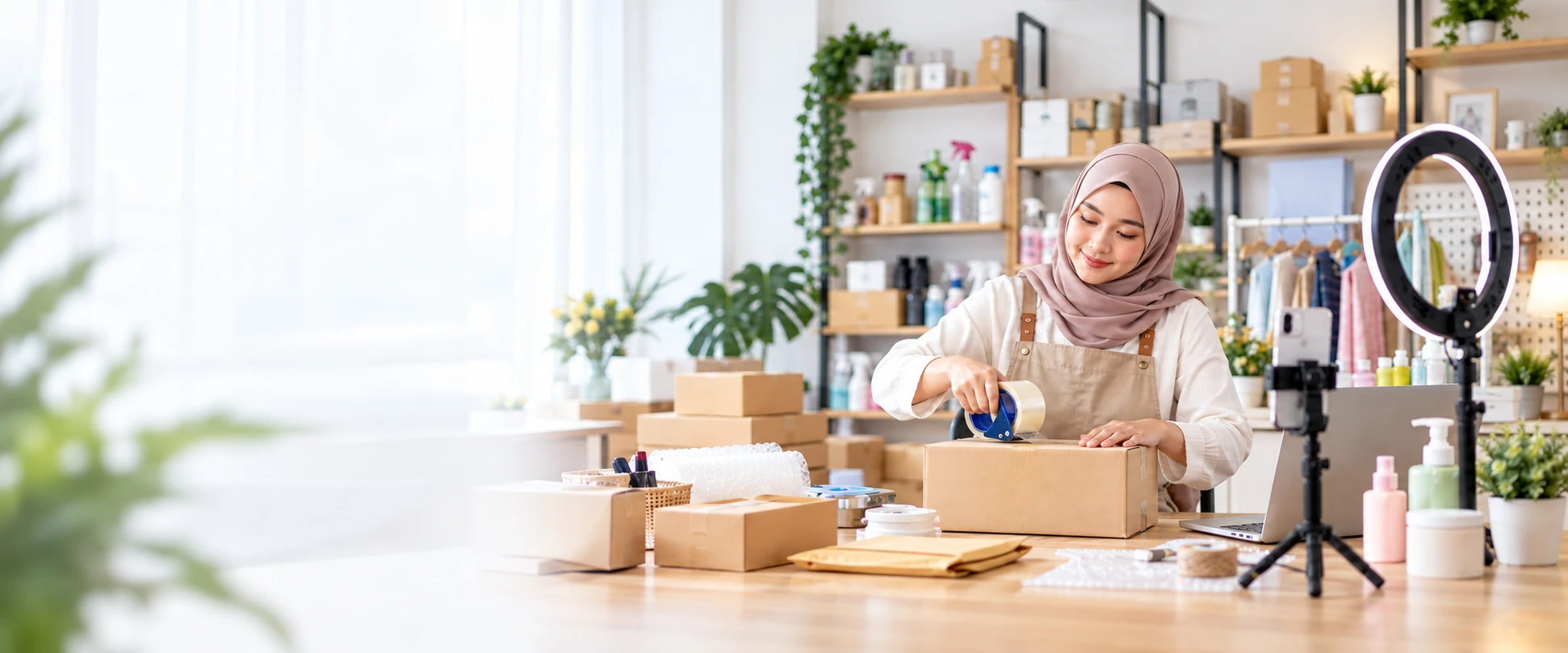 Online seller in a hijab taping a parcel box at her packing desk