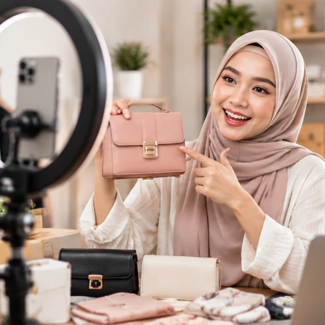 Live seller holding up a handbag in front of a ring light and phone