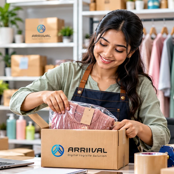 Online seller packing clothes into an ARRIIVAL box