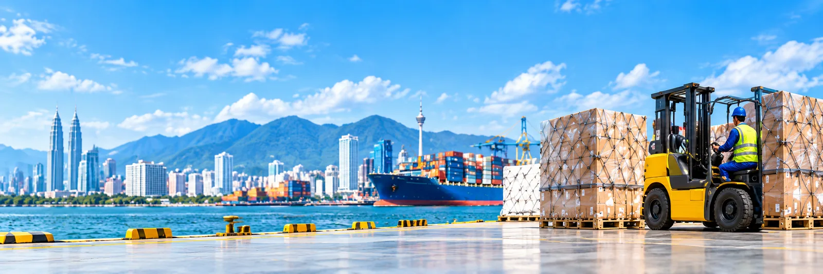 City skyline, container ship and forklift on the quay