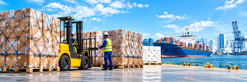 Forklift moving palletised cargo, with a container ship on the right