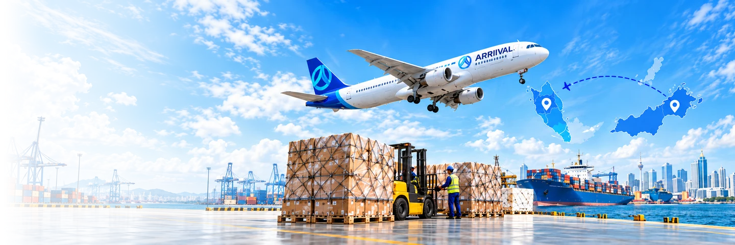 ARRIIVAL aircraft, forklift and container ship, with a route map from Peninsular Malaysia to Sabah and Sarawak