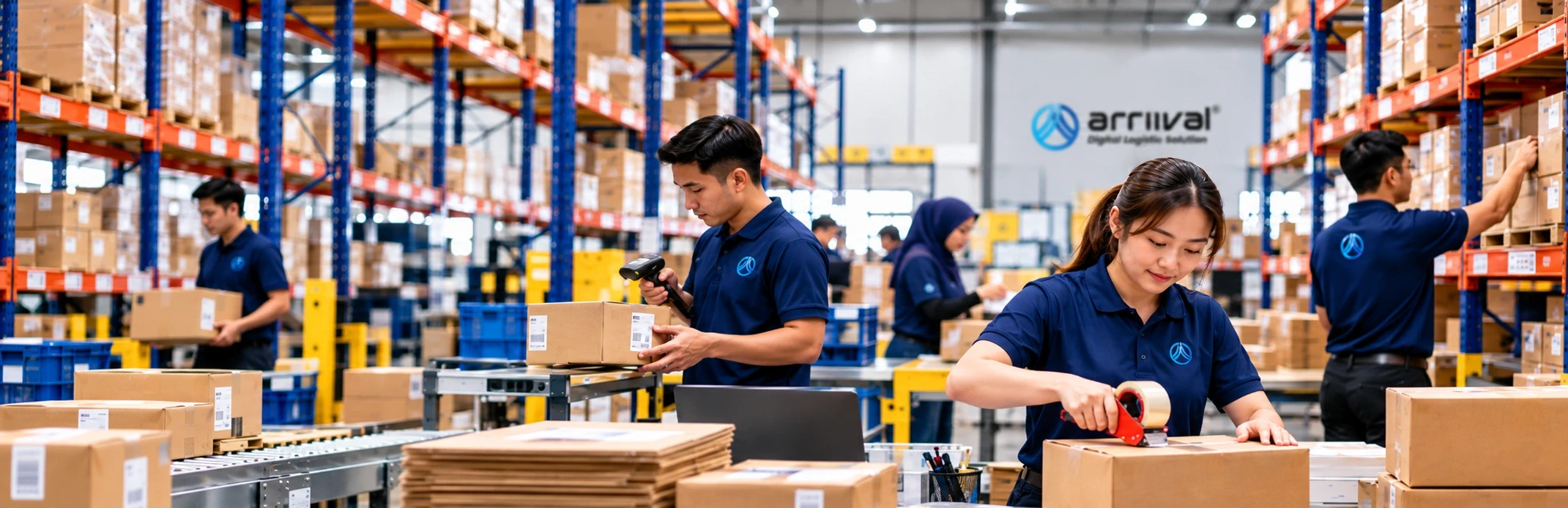 ARRIIVAL warehouse team scanning, packing and taping orders